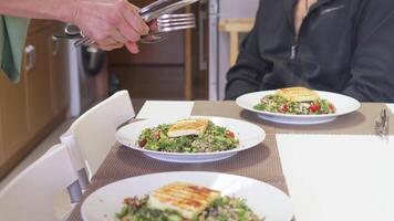 Woman hands placing table knife and fork beside fresh hot food served in dish video