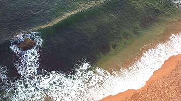 aéreo zangão capturando cênico oceano ondas em arenoso Beira Mar video