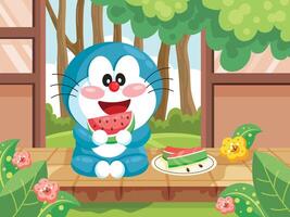 Robot Cat Eat Watermelon At Backyard vector