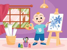 Blond Boy Painting In The Room vector