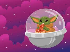 Baby Alien Riding a Spaceship and Eating Pizza vector