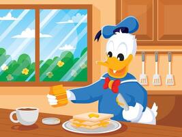 Donald Pato haciendo comida para desayuno vector