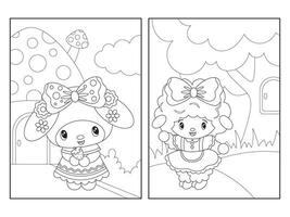 Cute Cartoon Rabiit and Sheep Coloring page vector