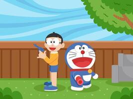 Cartoon Blue Cat Playing with Kid vector