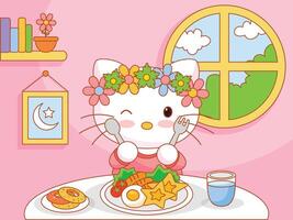 Cute Cat Having Breakfast vector