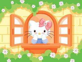 Hello Kitty in the Window of the House vector