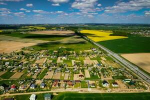 Top view of the yellow rapeseed field and the village. A sown field of rapeseed in Belarus.The village is a field of rapeseed photo