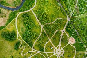 View from the height of the loshitsky Park in Minsk.Winding paths in loshitsky Park.Belarus.Apple orchard photo