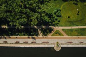 Top view of the victory Park in Minsk and the Svisloch river.A bird's-eye view of the city of Minsk and the Park complex.Belarus photo