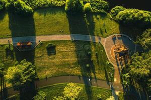 Top view of the city Park in Chizhovka.Recreation Park with bike paths in Minsk.Belarus photo