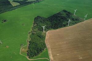 molinos de viento en verano en un verde campo.grande molinos de viento en pie en un campo cerca el bosque.europa, bielorrusia foto