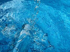 Dynamic splash in crystal clear blue water and glass bottle, creating ripples and water droplets in motion. Clean water concept. photo