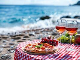 Picnic on the beach at sunset with a spread of fresh fruits, pepperoni pizza, and red wine. Romantic summer dining, food, and wine tasting concept with seaside view. Ai generation photo