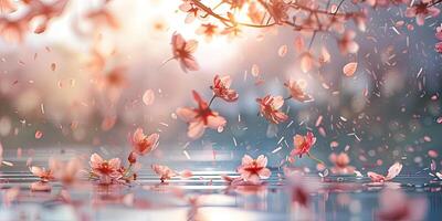 Cherry blossom and pink petals and flowers falling on surface of blue water of lake. Sakura flower background. For puzzles, banner, advertising or design. Generation Ai. photo