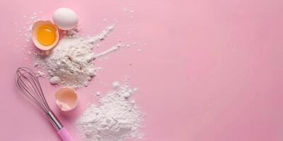 Baking ingredients on pink background with copy space. Eggs, flour in wooden spoons, and whisk. Top view of pastry or cake preparation concept. For recipe layouts, culinary designs. Ai generation. photo