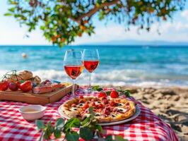 Seaside picnic with red wine in glasses, pepperoni pizza, and fresh grapes on checkered blanket. Romantic outdoor dining concept with a sea view and natural setting. Ai generation photo