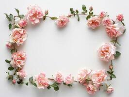 Pale pink roses and petals arranged in circular frame on white background, romantic floral design with copy space, top view. Ai generation photo