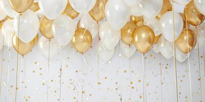 Festive arrangement of white balloons with golden confetti and gold balloons with ribbons on white background. Celebration concept. For greeting card and party invitation design. Ai photo