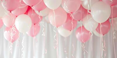 Pink and white balloons with curly ribbons on white background, festive party or celebration concept, design for greeting card or invitation. Ai generation photo