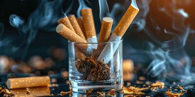 cigarrillos con fumar creciente y ceniza en vaso cenicero en negro antecedentes. adiccion y de fumar cesación concepto en oscuro antecedentes. No tabaco día. ai generación. foto