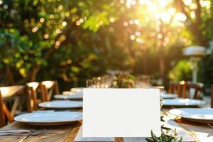 Outdoor dining setup with empty white menu on a rustic wooden table, elegant tableware and nature background. For restaurant and alfresco dining concept with copy space. Ai generation photo