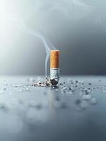 Single standing cigarette with smoke rising and scattered ashes on reflective surface with blurred background with empty space. Health risks and addiction theme concept. Ai generation. photo