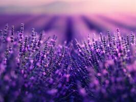 Lavender fields at twilight, soft focus and vibrant purple hues for poster and greeting card design. Aromatherapy and serene nature concept with dusk light. Ai generation. photo