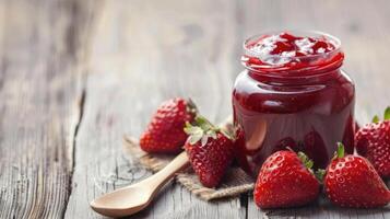 hecho en casa fresa mermelada en vaso tarro con Fresco fresas en rústico de madera mesa. gastrónomo comida y preservación concepto. delicioso Fruta untado para diseño y culinario letras. ai foto