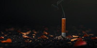 Single lit cigarette standing upright on dark surface with ash and smoke with empty space. Concept of smoking dangers and health risks. No tobacco day. Ai generation. photo