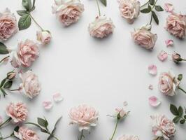 Pale pink roses and petals arranged in circular frame on white background, romantic floral design with copy space, top view. Ai generation photo