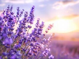 Lavender field at sunset with vibrant purple blooms against warm glowing sky. For nature themed wallpaper, relaxation and wellness concepts, with copy space for text. Ai generation. photo