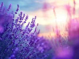 Lavender field in bloom at sunset, vibrant purple tones with soft bokeh for design and print. Relaxation, aromatherapy, and natural beauty concept with copy space. Ai generation photo