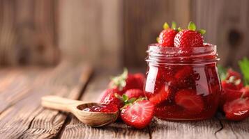 hecho en casa fresa mermelada en vaso tarro con Fresco fresas en rústico de madera mesa. gastrónomo comida y preservación concepto. delicioso Fruta untado para diseño y culinario letras. ai foto