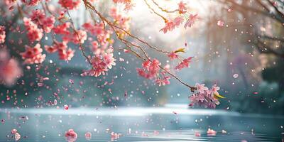 Cherry blossom branches over water, with bright pink flowers and petals falling into water in lake. Seasonal sakura blossom. Ai generation. photo