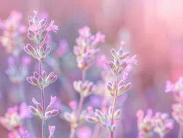 delicado lavanda flores con Rocío gotas en suave enfocar, brillante en el Mañana ligero. para diseño y impresión con Copiar espacio para primavera y bienestar temas ai generación. foto