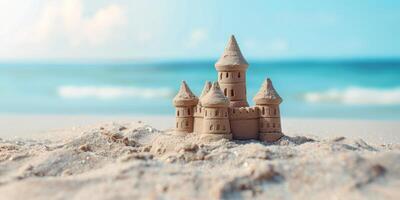 castillo de arena con múltiple torres en arenoso playa, Oceano olas en antecedentes. verano vacaciones actividad para niños, playa divertido, arena estructura con azul cielo. ai generación. foto