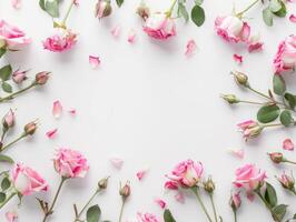 Pink roses with buds and green leaves arranged in frame on white background with copy space, floral flat lay with empty space. Wedding and romantic concepts. Ai generation. photo