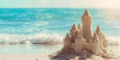 castillo de arena con múltiple torres en arenoso playa, Oceano olas en antecedentes. verano vacaciones actividad para niños, playa divertido, arena estructura con azul cielo. ai generación. foto