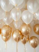 White and golden balloons with ribbons on white creamy background. Festive decor concept for events, parties, and celebrations. Ai generation. photo