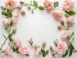 Pale pink roses and petals arranged in circular frame on white background, romantic floral design with copy space, top view. Ai generation photo