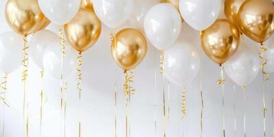 White and gold balloons with ribbons hanging for celebration decoration on white background. Party and celebration concept for invitation design. Ai generation. photo