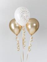 Gold and white balloons with golden confetti on white background. For celebration decorations, festive backgrounds, luxury party themes, and design elements. Ai generation. photo