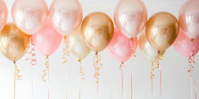 Pink and gold helium balloons with ribbons against white wall background. Party decor concept for birthday, wedding, or anniversary celebration. Ai generation. photo