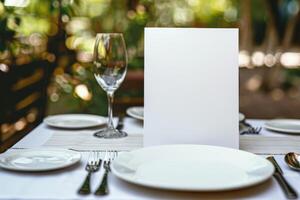 Outdoor dining setup with empty white menu on a rustic wooden table, elegant tableware and nature background. For restaurant and alfresco dining concept with copy space. Ai generation photo