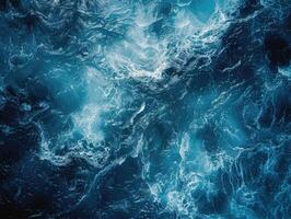 Aerial view of ocean waves texture. Abstract deep blue sea water surface, natural background for design and print, marine pattern wallpaper, aquatic concept with copy space. Ai generation. photo