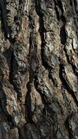 Nature background. Rugged tree bark texture close up showcasing detailed patterns of grooves and ridges in natural light. photo