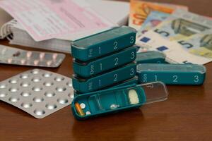 Tablets and pills arranged in plastoc box for each day of the week. Close up. photo