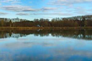 Lake surface view with reflective trees and blue sky with white clouds photo