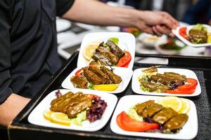 Tray of Food on Table at Restaurant photo