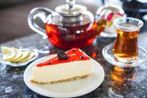 A Piece of Cheesecake on a Plate With a Cup of Tea photo
